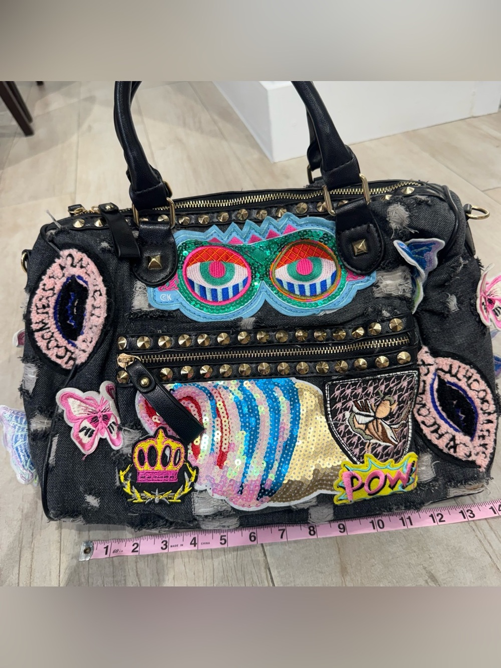 Izia Funky Distressed Denim Handbag with Patches & Studs